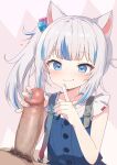  1boy 1girl animal_ears blue_eyes blue_hair blue_nails blue_overalls blush cat_ears censored cube_hair_ornament enuzoushigaya finger_to_mouth gawr_gura gawr_gura_(casual) hair_ornament handjob highres hololive hololive_english kemonomimi_mode looking_at_viewer medium_hair mosaic_censoring multicolored_hair nail_polish official_alternate_costume one_side_up overalls shirt smile streaked_hair virtual_youtuber white_hair white_shirt 
