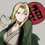  1girl absurdres blonde_hair breasts brown_eyes cleavage closed_mouth facial_mark forehead_mark green_jacket grey_background highres jacket large_breasts long_hair looking_to_the_side low_ponytail mochimentai naruto naruto_(series) open_clothes open_jacket solo tsunade_(naruto) upper_body 