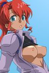  aqua_eyes breasts dark_skin gundam jacket kate_bush medium_breasts michael nipples open_clothes open_jacket open_shirt ponytail red_hair shirt shirt_lift solo victory_gundam 