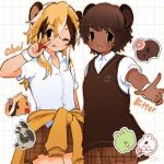  2girls animal animal_ears blonde_hair brown_eyes brown_hair brown_skirt brown_sweater cat closed_mouth clothes_around_waist collared_shirt dark-skinned_female dark_skin doughnut food food_on_face frog fruit grid_background guinea_pig guinea_pig_girl hair_between_eyes hand_up holding holding_food holding_fruit jacket jacket_around_waist lapithai licking_lips light-skinned_palms looking_at_viewer multicolored_hair multiple_girls one_eye_closed original pleated_skirt rabbit reaching reaching_towards_viewer shirt short_hair short_sleeves signature skirt solo standing streaked_hair sweater sweater_vest tomato tongue tongue_out upper_body v white_background white_shirt white_wristband yellow_jacket 
