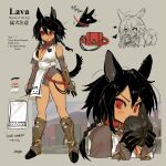  1girl animal animal_collar animal_ears armor black_hair braid breasts brown_gloves brown_leotard brown_sclera character_doll chest_harness city cleavage cleavage_cutout clothing_cutout collar color_guide colored_inner_hair colored_sclera dog dog_ears dog_girl dog_tail ear_piercing elbow_gloves english_commentary english_text fangs fingerless_gloves full_body gloves greaves green_background grey_hair hair_between_eyes hands_up harness heart highres holding large_breasts leotard looking_at_viewer multicolored_hair multiple_views open_mouth original paw_shoes piercing red_bag red_collar red_eyes reference_sheet sabaton short_hair_with_long_locks simple_background single_sleeve soreeyu_(sore-yu) standing tail tail_wagging twin_braids 