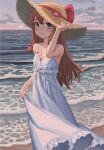  1girl a-soul absurdres bare_shoulders beach blue_eyes bow breasts brown_hair chinese_commentary closed_mouth cloud cloudy_sky collarbone commentary_request diana_(a-soul) double-parted_bangs dress feet_out_of_frame frilled_dress frills gradient_sky hair_between_eyes hair_bow hand_up hat hat_bow hat_ribbon highres lace_trim long_hair looking_at_viewer nail_polish necktie ocean outdoors qpalql red_bow red_necktie red_ribbon ribbon sidelocks skirt_hold sky sleeveless sleeveless_dress small_breasts solo standing straw_hat sun_hat water white_dress 