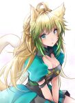  1girl ahoge akatsuki_hijiri animal_ears aqua_dress atalanta_(fate) between_legs blonde_hair braid breasts cleavage dress fate/apocrypha fate_(series) gradient_hair green_eyes green_hair hand_between_legs light_blush looking_at_viewer medium_breasts multicolored_hair parted_lips puffy_short_sleeves puffy_sleeves short_sleeves simple_background sitting smile solo tail upper_body white_background yellow_tail 