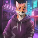 anthro canid canine cyberpunk fangs fox fur kumi_(kumijr) kumijr male mammal orange_body orange_fur piercing purple_eyes smile solo tattoo teeth white_body white_fur