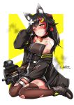  ammunition_pouch animal_ears between_legs black_hair blush boots breasts brown_footwear bullpup closed_mouth collarbone commission cosplay dirty girls&#039;_frontline gun hair_ornament hand_between_legs hand_up highres hololive jacket large_breasts long_hair long_sleeves multicolored_hair off_shoulder ookami_mio open_clothes open_jacket optical_sight p90 p90_(girls&#039;_frontline) p90_(girls&#039;_frontline)_(cosplay) ponytail pouch sekino_takehiro signature sitting skeb_commission smoke streaked_hair submachine_gun tearing_up torn_clothes virtual_youtuber wariza weapon wolf_ears yellow_eyes 