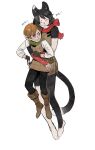  1boy 1girl affectionate animal_ears arm_guards armor barefoot belt_pouch black_gloves black_hair black_pants body_fur boots brown_footwear brown_gloves brown_skirt cat_ears cat_girl cat_tail cheek_press chilchuck_tims chocytd closed_eyes dungeon_meshi fingerless_gloves floating full_body gloves green_scarf halfling heads_together height_difference highres izutsumi korean_commentary korean_text leather_armor looking_at_another looking_back nuzzle pants pouch red_scarf scarf shirt short_hair skirt sleeveless sweatdrop tail white_shirt 
