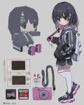  1girl 3d absurdres backpack bag black_footwear black_hair black_hoodie black_shorts bone_hair_ornament camera chibi child digital_camera fish_bone full_body green_eyes grey_background hair_ornament hand_in_pocket handheld_game_console highres hood hoodie jitome low_poly medium_hair muika_zukin nintendo_ds original pokemon pokemon_dppt shoes shorts simple_background sneakers solo standing stylus thighhighs 