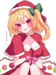  blonde_hair blush breasts cleavage cowboy_shot flandre_scarlet gloves green_ribbon hat medium_breasts medium_hair open_mouth pink_ribbon red_gloves ribbon santa_costume santa_hat side_ponytail simple_background siomi_403 sitting touhou white_background 