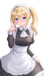  1girl absurdres apron black_dress blonde_hair blue_eyes blue_nails closed_mouth collar collared_dress dress hair_between_eyes hand_up hayasaka_ai highres kaguya-sama_wa_kokurasetai_~tensai-tachi_no_renai_zunousen~ light_blush long_sleeves looking_at_viewer maid maid_apron maid_headdress medium_hair seungju_lee side_ponytail sidelocks simple_background solo white_apron white_background white_collar 