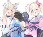  2girls absurdres animal_ear_fluff animal_ears animal_hands ayumi_(ayumi05888572) belt black_collar black_sash blonde_hair blue_belt blue_eyes blue_hair blue_kimono blush breasts collar dog_ears dog_girl dog_paws fangs flat_chest floral_print_kimono flower fuwawa_abyssgard fuwawa_abyssgard_(new_year) hair_flower hair_ornament highres hololive hololive_english japanese_clothes kimono large_breasts looking_at_viewer mococo_abyssgard mococo_abyssgard_(new_year) multicolored_hair multiple_girls obi official_alternate_costume one_eye_closed open_mouth pink_belt pink_eyes pink_hair pink_kimono sash short_hair siblings sisters skin_fangs sleeveless sleeveless_kimono smile spiked_collar spikes streaked_hair twins twintails virtual_youtuber 
