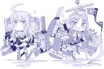  2girls ahoge binoculars blue_theme cannon chibi clenched_hand full_body headgear highres jacket jacket_partially_removed jura_cambri kantai_collection long_hair looking_at_viewer machinery mask monochrome multicolored_hair multiple_girls necktie pencil_skirt pennant pleated_skirt skirt smile south_dakota_(kancolle) standing star_(symbol) torpedo_launcher turret washington_(kancolle) 