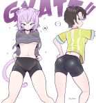  ... 2girls :3 :t absurdres ahoge anger_vein animal_ear_fluff animal_ears artist_name ass ass_visible_through_thighs bike_shorts black_hair black_shirt black_shorts breasts cat_ears cat_tail cowboy_shot crossed_bangs fang from_behind hand_on_own_hip heart highres hololive large_breasts long_sleeves looking_at_viewer multiple_girls navel nekomata_okayu nekomata_okayu_(1st_costume) oozora_subaru oozora_subaru_(1st_costume) pout purple_hair rey_rene shirt short_hair short_sleeves shorts simple_background skin_tight skindentation spoken_ellipsis spoken_heart tail thighhighs thighs tsurime underboob undressing v-shaped_eyebrows virtual_youtuber white_background yellow_shirt 