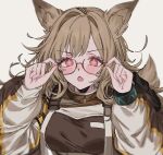  +_+ :o animal_ears aogisa arknights breasts brown_collar brown_hair ceobe_(arknights) collar dog_ears dog_girl eyelashes fang glasses highres holding infection_monitor_(arknights) long_hair long_sleeves open_mouth red_eyes round_eyewear skin_fang upper_body 