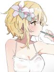  1girl armpit_peek bare_shoulders blonde_hair blush breasts camisole cleavage collarbone flower hair_flower hair_ornament holding looking_to_the_side lumine_(genshin_impact) orange_eyes short_hair short_hair_with_long_locks sidelocks solo suggestive_fluid toothbrush ukitaryu upper_body white_background white_camisole 