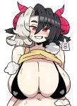  1girl animal_ears belly bikini black_bikini black_hair blush breasts clothes_lift cow_ears cow_horns grey_hair hair_ornament horns huge_breasts looking_at_viewer midriff multicolored_hair navel notnoe_(dxcl) open_mouth red_eyes red_horns shirt shirt_lift short_hair smile solo split-color_hair stomach sweat swimsuit touhou two-tone_hair ushizaki_urumi wily_beast_and_weakest_creature 