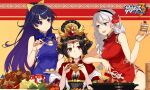  3girls absurdres black_hair blue_eyes bow braid cake china_dress chinese_clothes copyright_name dress earrings eating flower food hair_bow hair_flower hair_ornament hairband head_chain headdress highres holding holding_food honkai_(series) honkai_impact_3rd jewelry jixuanyuan kiana_kaslana long_hair multiple_girls official_art orange_eyes purple_eyes purple_hair raiden_mei sitting third-party_source white_hair 