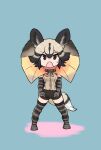  1girl african_wild_dog_(kemono_friends) animal_ears bare_shoulders black_shorts blonde_hair blush bow bowtie brown_cape brown_eyes brown_gloves brown_hair brown_shirt brown_thighhighs cape dog_ears dog_tail elbow_gloves frilled_lizard_(kemono_friends)_(kemono_friends) gloves gravi_pig4891 hair_between_eyes highres kemono_friends looking_at_viewer multicolored_hair open_mouth orange_cape shirt short_hair short_shorts shorts sidelocks solo striped striped_gloves striped_thighhighs sweatdrop tail thighhighs two-tone_cape 