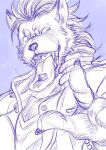 anthro biped cheek_tuft chocolate_on_tongue claws clothing facial_tuft finger_claws frown gesture goshingo1 hair hyena jacket looking_aside male mammal monochrome nyarlathotep_(housamo) open_mouth scowl sharp_teeth shirt sketch solo teeth tongue tongue_out topwear tuft uvula