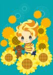  1boy animal blonde_hair blue_background blue_footwear blush_stickers boney brown_dog dog flower hitofutarai looking_at_viewer lucas_(mother_3) male_focus mother_(game) mother_3 open_mouth shirt short_hair short_sleeves solid_oval_eyes solo striped striped_shirt sunflower yellow_flower 