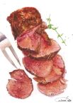  artworksmil beef carving_fork food food_focus no_humans original painting_(medium) roast_beef serving_spatula signature slice sliced sliced_meat still_life traditional_media watercolor_(medium) 