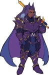  1boy armor blue_cape cape commentary dark-skinned_male dark_skin dreadlocks english_commentary facial_hair highres holding holding_sword holding_weapon kirby_(series) male_focus meta_knight personification pointy_ears purple_armor purple_hair saturn/eden_(saturnsorblt) solo stubble sword weapon yellow_eyes 