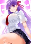  1girl bb_(fate) bb_(fate/extra) black_skirt blush breasts collared_shirt engo_(aquawatery) fate/extra fate/extra_ccc fate_(series) hair_ribbon highres large_breasts long_hair looking_at_viewer necktie purple_eyes purple_hair red_ribbon ribbon shirt short_sleeves sitting skirt smile thighs very_long_hair white_shirt 