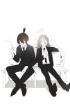  2boys angel angel_devil_(chainsaw_man) angel_wings bench black_hair black_jacket black_necktie black_pants black_suit brown_hair chainsaw_man cigarette closed_eyes collared_shirt crossed_legs formal hair_between_eyes halo hayakawa_aki highres holding holding_cigarette jacket kyousituyasan long_hair male_focus multiple_boys necktie open_mouth pants shirt shirt_tucked_in short_hair simple_background sitting smile smoking suit suit_jacket topknot white_shirt white_wings wings 