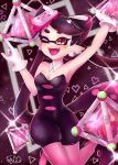  +_+ 1girl absurdres bare_arms bare_shoulders black_hair black_jumpsuit bow-shaped_hair breasts callie_(splatoon) cleavage collarbone detached_collar earrings food food_on_head gloves highres hoop_earrings jewelry jumpsuit mole mole_under_eye naki_tamago object_on_head one_eye_closed pantyhose pink_pantyhose short_jumpsuit solo splatoon_(series) squid_girl strapless sushi swept_bangs tentacle_hair twintails white_gloves yellow_eyes 