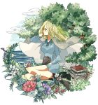  1girl black_footwear blonde_hair blue_dress book boots cloud commentary_request dress full_body highres holding holding_book kaya_(one_piece) light_smile looking_to_the_side noise_pp ocean on_ground one_piece plant profile sitting solo tree 