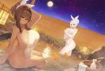  arm_support blanc_(nikke) bottle breasts brown_eyes goddess_of_victory:_nikke hand_up highres large_breasts looking_at_viewer moon noir_(nikke) onsen plant rubber_duck sitting star_(sky) towel white_hair wine_bottle zhaimao_mao 