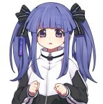  1girl abiko_yuuji artist_name black_bow black_jacket black_ribbon blue_hair blunt_bangs bow cowboy_shot furude_rika hair_ribbon higurashi_no_naku_koro_ni jacket looking_at_viewer open_mouth purple_hair ribbon simple_background solo tag track_jacket track_suit triangle_mouth twintails upper_body watermark white_background white_jacket zipper 