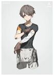  1boy black_shirt brown_gloves brown_hair character_name commentary cropped_legs gloves grey_background grey_eyes grey_pants highres jewelry kanata_(synduality) looking_at_viewer male_focus necklace neco pants shirt short_hair simple_background solo synduality t-shirt 