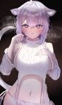  1girl animal_ear_fluff animal_ears blush breasts cat_ears cat_girl cat_tail hand_on_own_chest heart heart-shaped_pupils highres hololive large_breasts looking_at_viewer meme_attire navel nekomata_okayu open_mouth purple_eyes purple_hair short_hair solo sweat symbol-shaped_pupils tail vanitas256 virgin_destroyer_sweater virtual_youtuber 