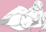 3_toes anthro antlers belly_piercing big_ears bikini biped breasts cheek_tuft clothing corset_piercing cryptid ear_piercing eyebrows facial_tuft fantem_(fantem) feet female floppy_ears furred_wings hair hair_over_eye head_tuft horn lagomorph lagomorph_nose lying mammal medium_breasts nipple_outline on_side one_eye_obstructed overweight overweight_anthro overweight_female piercing pink_background possumcrimes simple_background solo surface_piercing swimwear thick_thighs toes tuft wide_hips wings wolpertinger