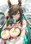  1girl absurdres black_gloves black_hair breasts detached_sleeves dragon_girl dragon_horns dress gloves granblue_fantasy green_hair highres horns large_breasts long_hair long_sleeves looking_at_viewer mole mole_under_mouth multicolored_hair partially_fingerless_gloves payila_(granblue_fantasy) pointy_ears red_eyes shiki_(psychedelic_g2) smile solo white_dress 