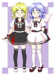  2girls :d back_bow black_bow black_dress black_footwear black_sash black_thighhighs blonde_hair blue_eyes blue_hair bow dress full_body hair_ribbon highres light_blue_hair looking_at_viewer mai_(touhou) mary_janes mini_wings multiple_girls neck_ribbon nonamejd official_style over-kneehighs puffy_short_sleeves puffy_sleeves ribbon sash shoes short_hair short_sleeves short_twintails single_horizontal_stripe smile standing thighhighs touhou touhou_(pc-98) twintails white_bow white_dress white_footwear white_ribbon white_sash white_thighhighs winged_footwear wings yellow_eyes yuki_(touhou) zettai_ryouiki zun_(style) 