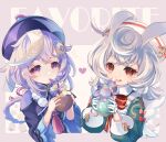  2girls aqua_dress bead_necklace beads bow bowtie braid braided_ponytail coconut_cup coin_hair_ornament cropped_torso cup dress drinking drinking_straw earrings genshin_impact gloves grey_hair hair_ears hair_ornament hands_up hat heart highres holding holding_cup hoshiusagi_no_chloe jewelry long_hair long_sleeves looking_at_viewer low_twintails milkshake multiple_girls necklace nurse_cap ofuda_on_head open_mouth pink_background purple_eyes purple_hair purple_headwear qingdai_guanmao qiqi_(genshin_impact) red_bow red_bowtie red_eyes short_hair sigewinne_(genshin_impact) smile stud_earrings tassel twintails white_gloves white_headwear 