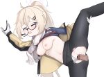  1boy 1girl arm_support bar_censor black_pantyhose blonde_hair blue_archive blush breasts censored closed_eyes clothes_lift clothing_aside commentary_request disembodied_penis glasses gloves hair_ornament hairclip halo highres jacket kotama_(blue_archive) kotama_(camp)_(blue_archive) leg_up long_sleeves medium_breasts navel nipples official_alternate_costume open_mouth panties panties_aside panties_under_pantyhose pantyhose penis ponytail purple_halo quinn_(eg_bread) scarf sex shirt_lift simple_background solo_focus standing standing_on_one_leg torn_clothes torn_pantyhose underwear vaginal variant_set white_background white_gloves white_panties white_scarf yellow_jacket 