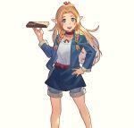  1girl :d artist_name blonde_hair blue_jacket braid brown_choker choker dungeon_meshi english_commentary green_eyes grey_shorts hand_on_own_hip highres jacket long_hair marcille_donato shirt shorts simple_background smile solo standing stnutt twin_braids white_background white_shirt 