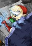 absurd_res anthro bed blonde_hair christmas christmas_clothing christmas_headwear clothed clothing colored colored_sketch dinosaur eyes_closed female furniture hair hand_puppet hat headgear headwear hi_res holidays inside judee long_tail on_bed pillow reptile sakamtosng santa_hat scalie sketch sleeping snoot_game solo tail under_covers