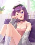  1girl ahoge blush bow breasts cardigan choker cleavage commentary_request day english_commentary flower hair_bow highres knees_up knit_socks lilia_creative looking_to_the_side medium_hair mixed-language_commentary off_shoulder one_eye_closed open_mouth original pillow purple_eyes purple_hair rubbing_eyes sitting socks solo spaghetti_strap sunlight tank_top waking_up window yawning 