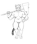 2020 3_toes 5_fingers absurd_res anthro areola armor barbell_piercing barefoot biceps biped black_and_white breasts catfolk cheek_markings cheek_tuft chest_tuft clothing collarbone deltoids digital_drawing_(artwork) digital_media_(artwork) eyebrows facial_markings facial_tuft feet felid female female_anthro fingers front_view full-length_portrait fur fur_tuft gauntlets gauntlets_only genitals gloves gloves_only hair half-closed_eyes hammer hammer_over_shoulder hand_on_hip handwear handwear_only hasbro head_markings hi_res holding_hammer holding_maul holding_melee_weapon holding_object holding_tool holding_weapon looking_at_viewer mammal markings maul melee_weapon monochrome mostly_nude muscular muscular_anthro muscular_female narrowed_eyes nipple_piercing nipples nude nude_anthro nude_female pathfinder piercing portrait possumcrimes prick_ears pubes pupils pussy ring_(marking) ringtail simple_background slightly_chubby slightly_chubby_anthro slightly_chubby_female slit_pupils solo standing striped_markings striped_tail stripes strongfat tail tail_markings thick_thighs toes tools tuft weapon weapon_on_shoulder white_background wizards_of_the_coast