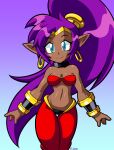 blue_eyes breasts cleavage clothed clothing dark_body dark_skin ear_piercing ear_ring female genie hair humanoid humanoid_pointy_ears long_hair looking_at_viewer navel not_furry piercing ponytail purple_hair ring_piercing rongs1234 shantae shantae_(series) signature simple_background smile solo wayforward