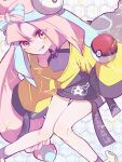  1girl blue_hair bow-shaped_hair breasts fang grey_shirt hexagon_print highres iono_(pokemon) jacket kxjx1983 long_hair looking_at_viewer medium_breasts multicolored_hair oversized_clothes pink_eyes pink_hair poke_ball poke_ball_(basic) pokemon pokemon_sv print_background shirt sleeveless sleeveless_shirt sleeves_past_fingers sleeves_past_wrists solo two-tone_hair yellow_jacket 