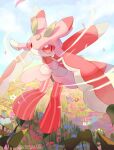  artist_name blue_sky closed_mouth colored_skin commentary_request field flower flower_field highres lurantis no_humans on_grass outdoors pink_skin pokemon pokemon_(creature) red_eyes rongai28 sky slit_pupils standing twitter_username wind 