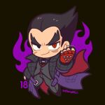  1boy black_eyes black_hair brown_background chibi closed_mouth coat fingerless_gloves fire full_body gloves grey_jacket grey_pants highres jacket kotorai male_focus medium_sideburns mishima_kazuya no_nose pants purple_coat purple_fire red_eyes red_gloves scar scar_on_cheek scar_on_face short_hair signature simple_background solo studded_gloves tekken thick_eyebrows v-shaped_eyebrows 