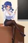  1girl absurdres black_footwear black_skirt blue_hair bra_visible_through_clothes breasts chalkboard cleavage collarbone collared_shirt crossed_legs curly_hair desk dizzy_dokuro highres large_breasts on_desk pantyhose phase_connect pointy_ears red_eyes shadow shirt sidelocks sitting skirt solo teacher twitter_username virtual_youtuber white_shirt wriskelis 