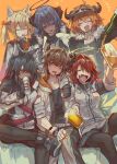  1boy 5girls alcohol angel animal_ear_fluff animal_ears arknights beer beer_bottle beer_can beer_mug bison_(arknights) black_halo black_jacket blue_hair can cow_boy cow_girl cow_horns croissant_(arknights) cup demon_horns drink_can drunk exusiai_(arknights) fur-trimmed_jacket fur_trim halo highres horns jacket mostima_(arknights) mug multiple_girls mutomorokoshi penguin_logistics_(arknights) red_hair sitting sora_(arknights) texas_(arknights) wolf_ears wolf_girl 