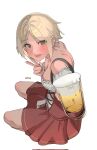  alcohol beer blonde_hair blush breasts brown_eyes character_name cleavage corrupted_twitter_file cup dirndl from_above german_clothes girls&#039;_frontline highres holding holding_cup looking_at_viewer lower_teeth_only medium_breasts mp40_(girls&#039;_frontline) open_mouth short_hair simple_background sitting teeth w white_background yongsadragon 