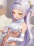  1girl absurdres alternate_costume annmitsu114 arched_bangs armpit_crease bare_shoulders blunt_bangs blurry blurry_background blush breasts clothes_lift detached_sleeves garter_straps grey_hair hair_bun highres hololive indoors long_hair long_sleeves looking_at_viewer medium_breasts meme_attire murasaki_shion navel open_mouth panties side-tie_panties sleeveless sleeveless_turtleneck smile smug solo sweater turtleneck turtleneck_sweater underboob underwear upper_body virgin_destroyer_sweater virtual_youtuber white_garter_straps white_hair white_panties white_sweater yellow_eyes 